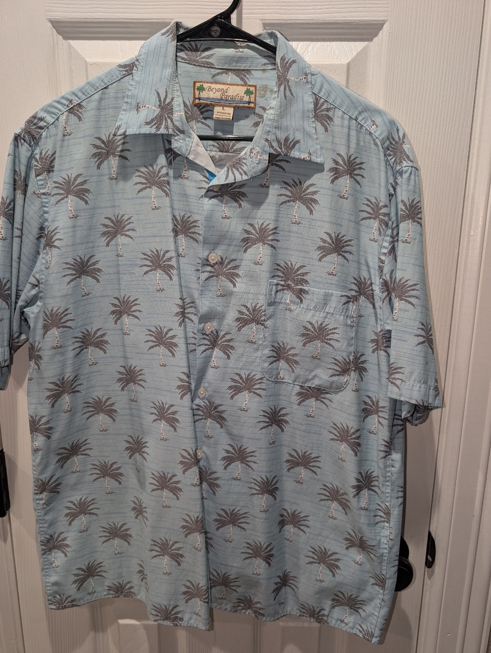 Beyond Paradise Light Blue Palm Print Short Sleeve Shirt